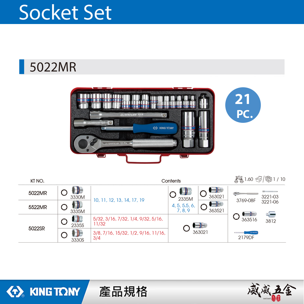 KING TONY 金統立｜兩分+三分套筒組 21件式 1/4"+3/8"套筒扳手組 2分3分｜5022MR