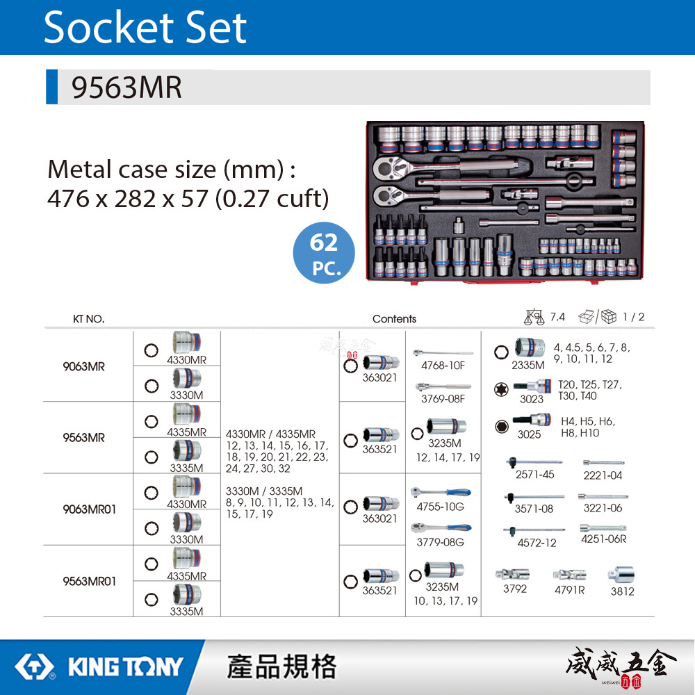 KING TONY 金統立｜手動標準套筒組 62件式 1/4"+3/8"+1/2" 套筒扳手組｜9563MR