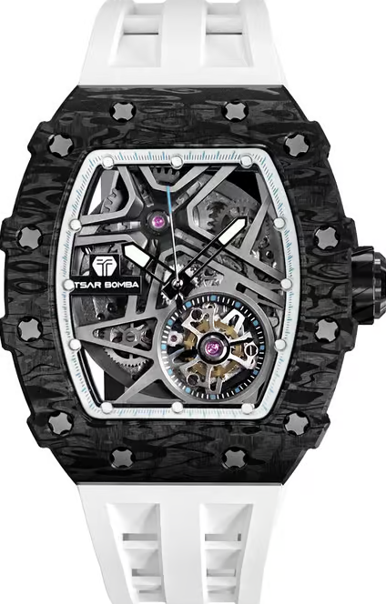 萬年鐘錶 - TSAR BOMBA 機械公爵 碳纖維錶殼白色矽膠錶帶機械透視機芯男錶 TB8209CF-03 錶徑 43.5MM