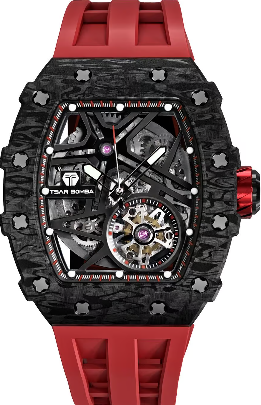 萬年鐘錶 - TSAR BOMBA 機械公爵 碳纖維錶殼紅色矽膠錶帶機械透視機芯男錶 TB8209CF-02 錶徑 43.5MM
