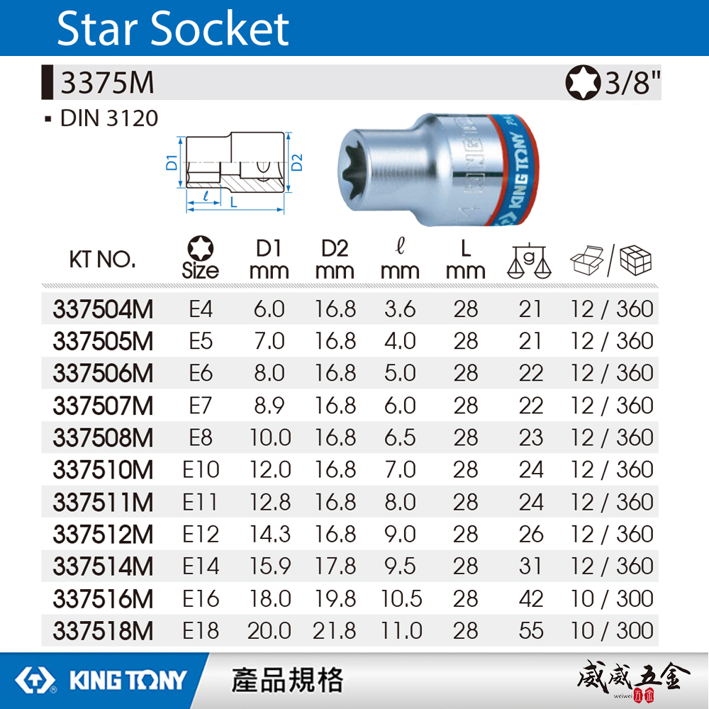 KING TONY 金統立｜3/8" 3分 三分六角星型套筒 六角E型套筒 外六角星型螺絲用套筒｜3375M