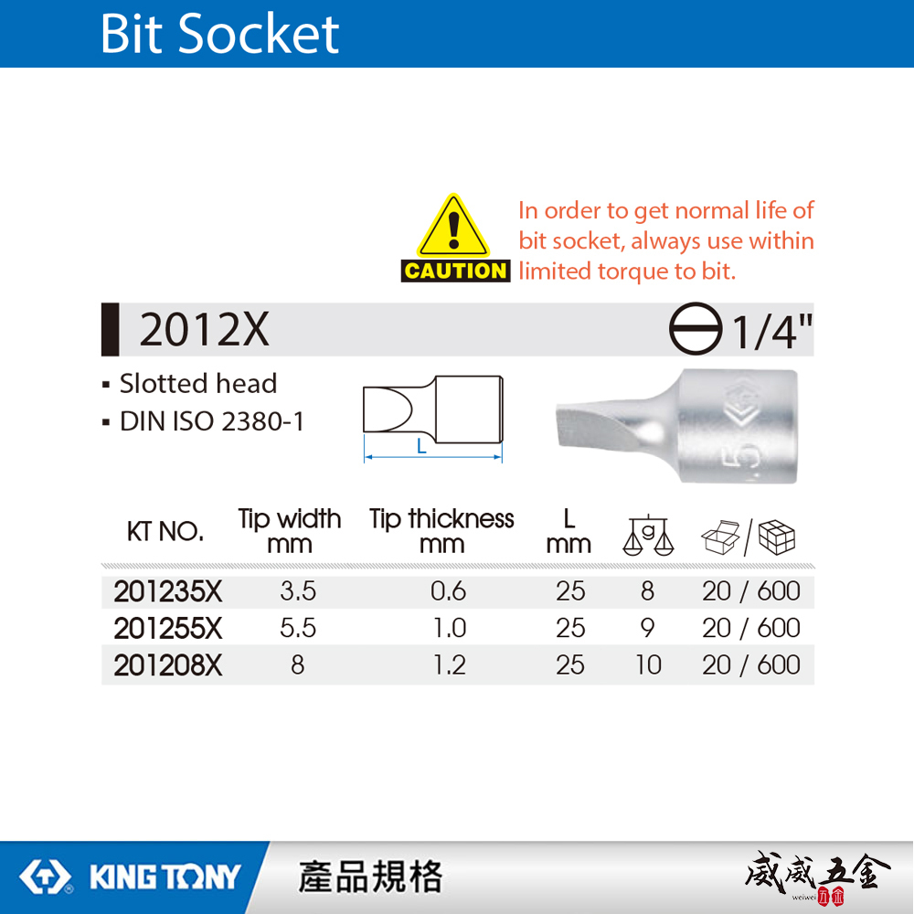 KING TONY 金統立｜台灣製｜兩分 一字凸套筒 2分 1/4'' 迷你型一字起子頭套筒 一字套筒｜2012X  一字起子頭套筒