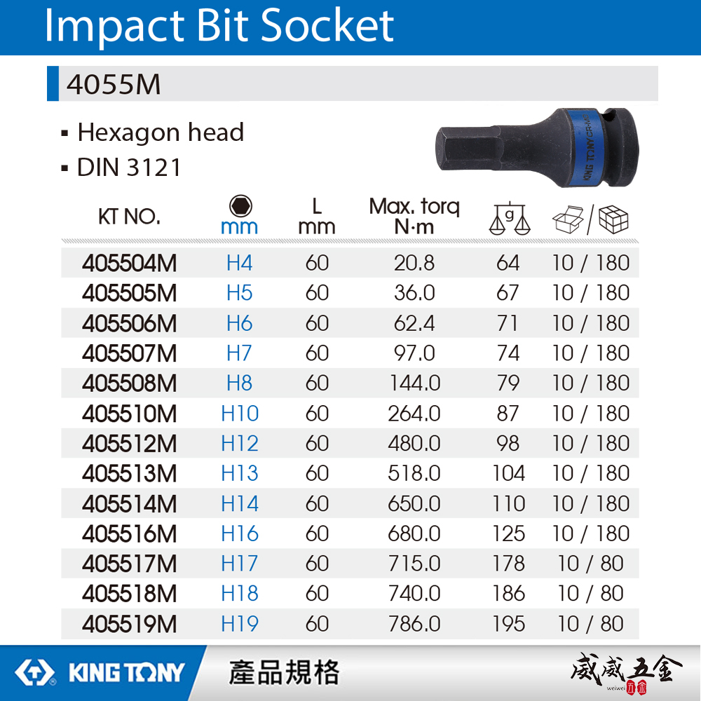 KING TONY 金統立｜長60mm 四分 1/2" 氣動六角凸套筒 4分 六角氣動起子頭套筒｜4055M