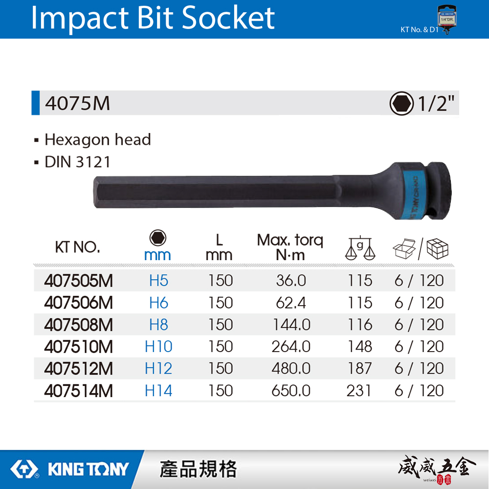 KING TONY 金統立｜長150mm｜四分 4分 六角起子氣動套筒 1/2" 氣動六角凸套筒｜4075M