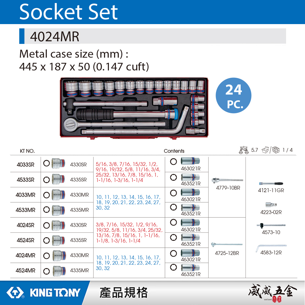 KING TONY 金統立｜1/2" 手動12角套筒組 4分 24件式 四分 十二角套筒扳手組｜4024MR
