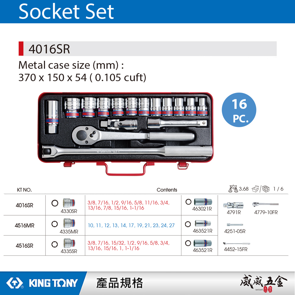 KING TONY 金統立｜四分 1/2" 4分 16件式 十二角套筒組 手動套筒板手16件組｜4016SR