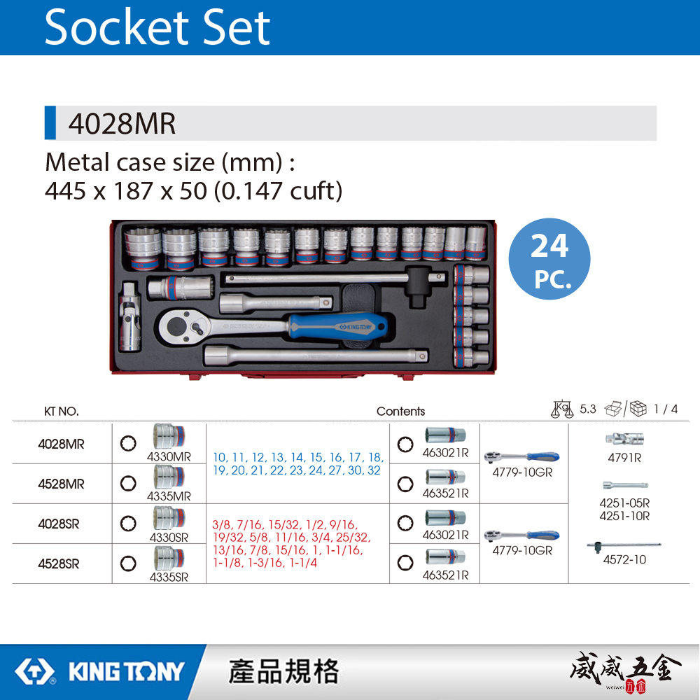 KING TONY 金統立｜公制 1/2" 手動 4分12角套筒組 十二角套筒扳手組 24件式｜4028MR