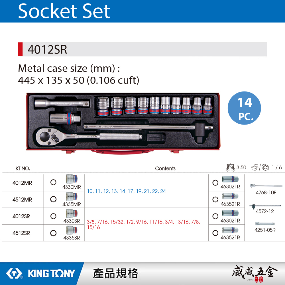 KING TONY 金統立｜英制 四分套筒組14件式 1/2" 十二角套筒扳手組 4分棘輪板手｜4012SR