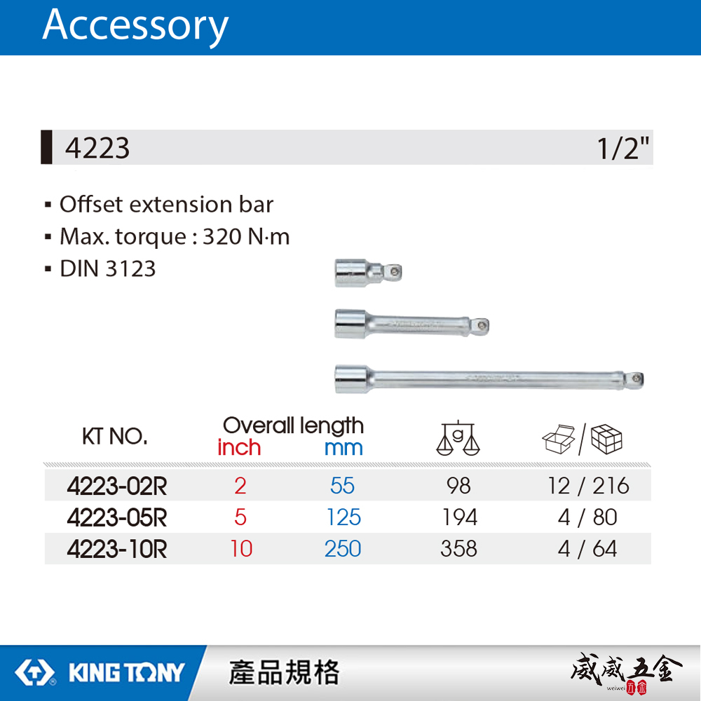 KING TONY 金統立 台灣製｜1/2" 四分 4分球型萬向接桿 延長｜4223-02R 05R 10R