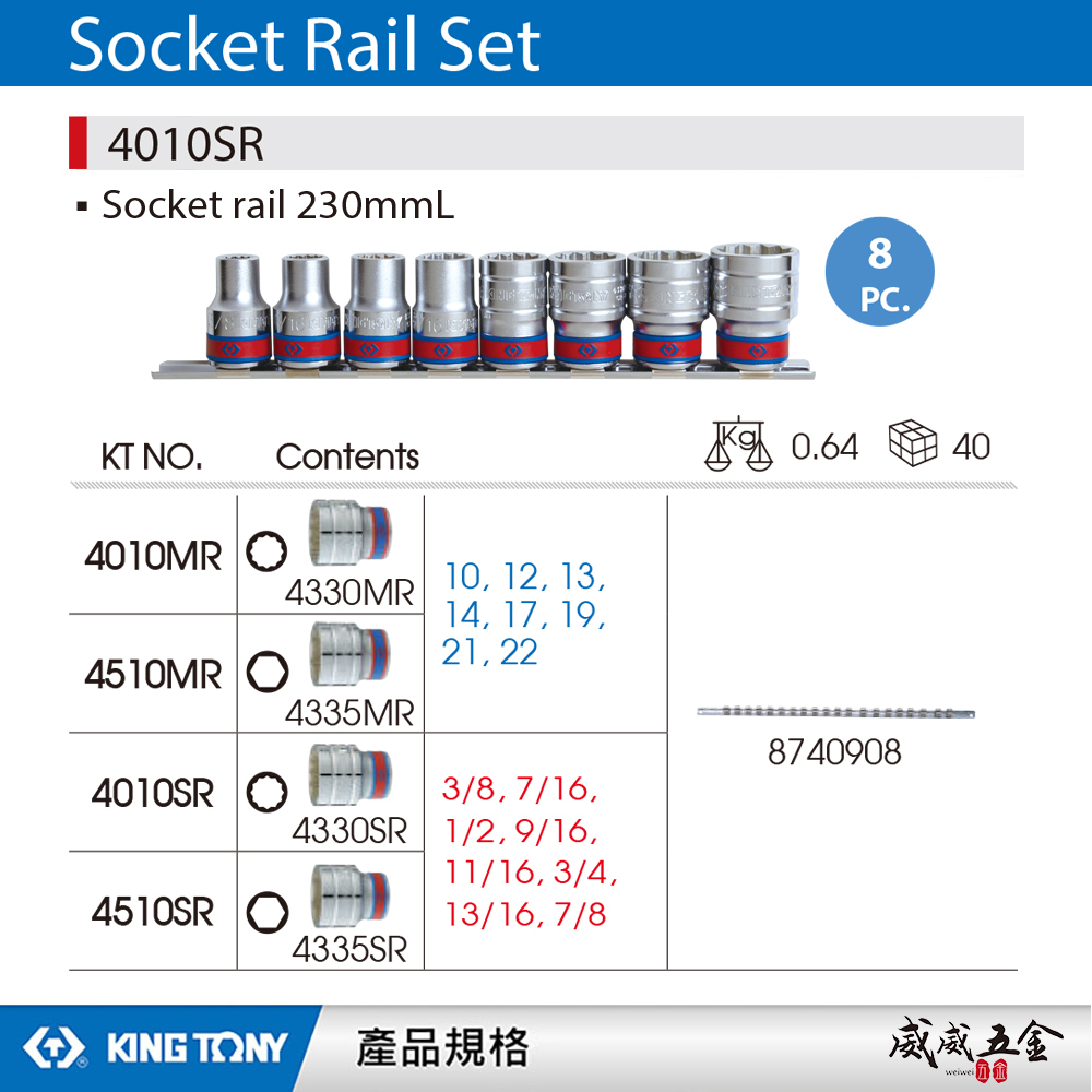 KING TONY 金統立｜英制 4分 手動標準短套筒組 1/2" 四分 十二角套筒組 8件式｜4010SR