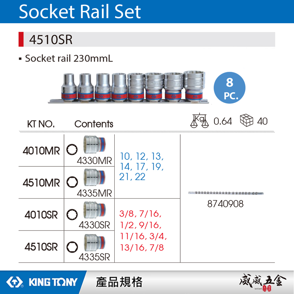KING TONY 金統立｜英制 3/8"~7/8" 四分 1/2" 4分8件式 手動六角短套筒組｜4510SR