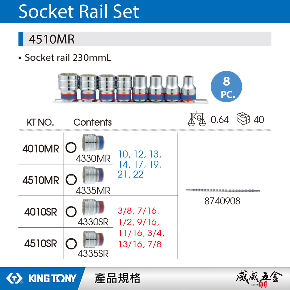 KING TONY 金統立｜10-22mm 四分 1/2" 4分手動六角套筒 8件式 套筒組｜4510MR｜台灣製｜公司貨