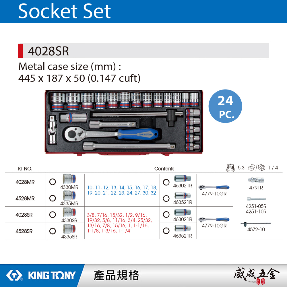 KING TONY 金統立｜英制 1/2" 手動套筒組 4分 四分 十二角套筒扳手組 24件式｜4028SR