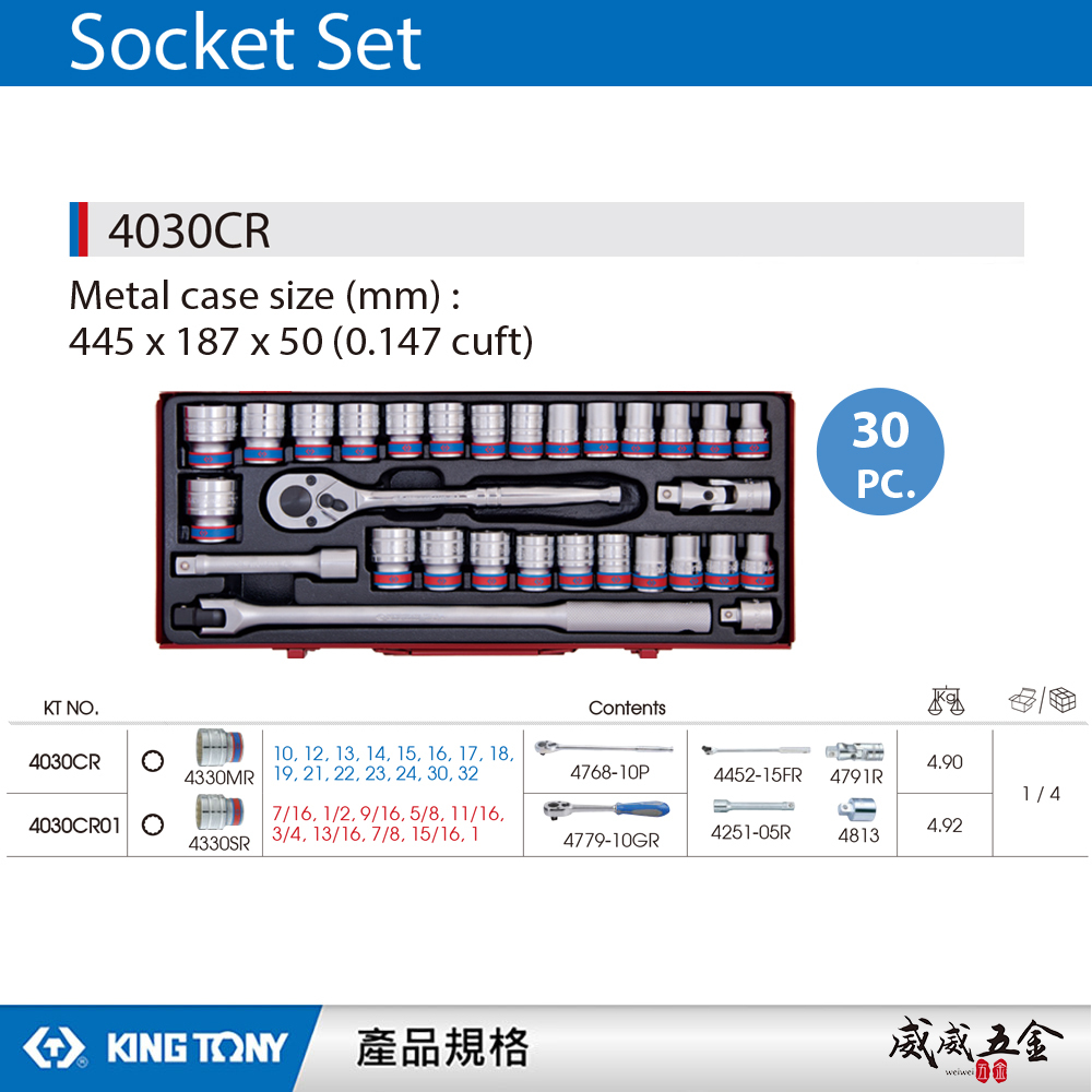 KING TONY 金統立｜四分套筒組 30件式 手動短套筒 1/2" 4分 十二角套筒扳手組｜4030CR