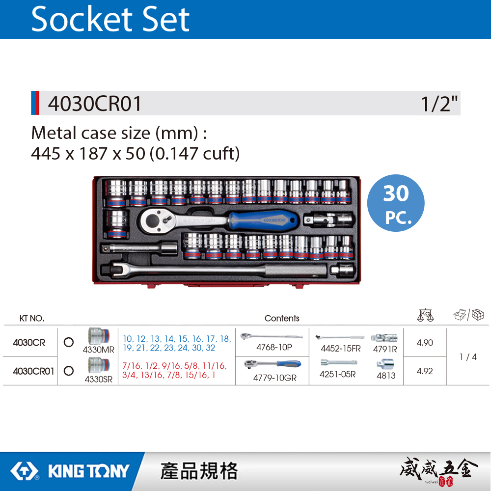 KING TONY 金統立｜四分套筒組 30件式 1/2"手動短套筒 4分十二角套筒扳手組｜4030CR01