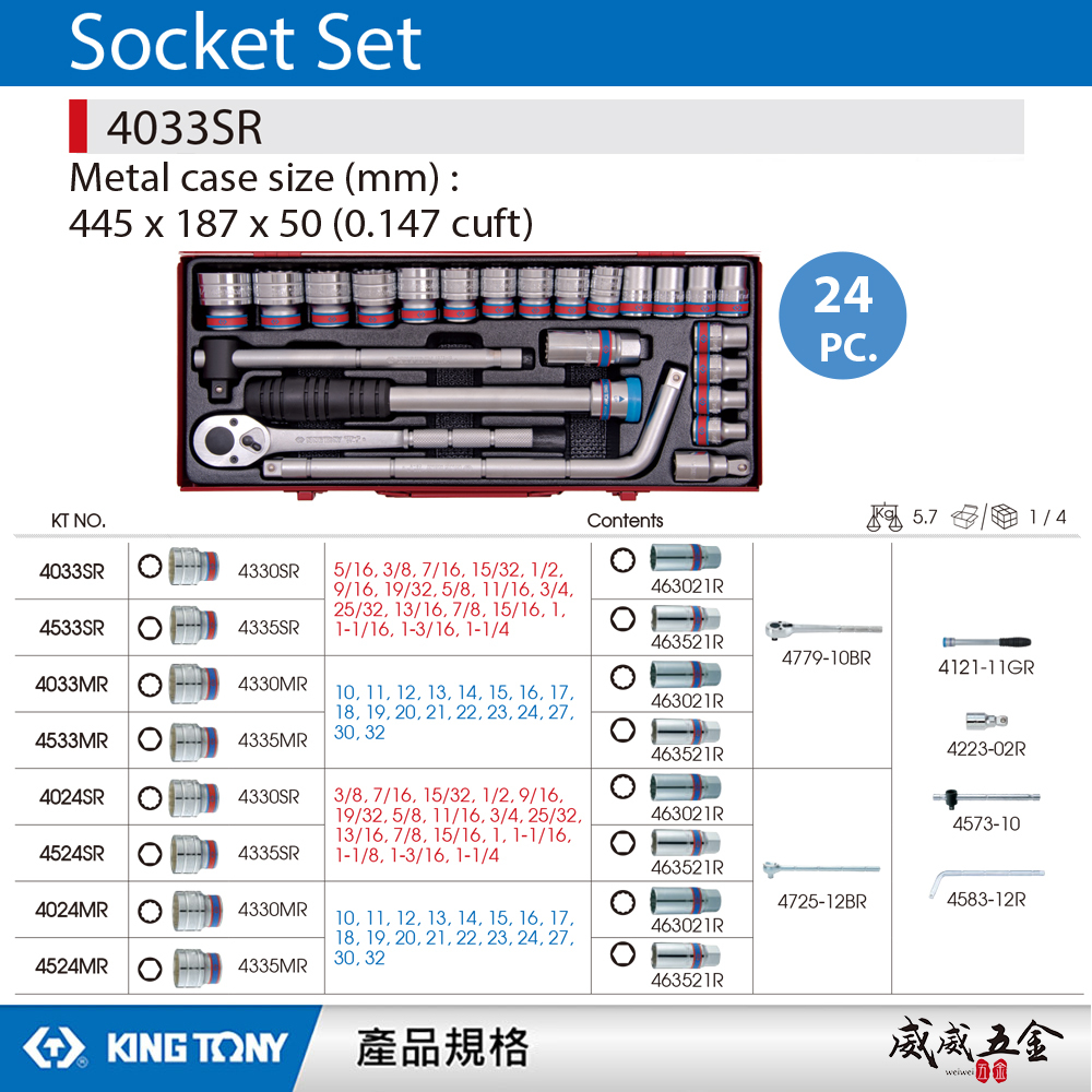 KING TONY 金統立｜英制 1/2" 手動4分12角套筒組 四分十二角套筒扳手組24件式｜4033SR