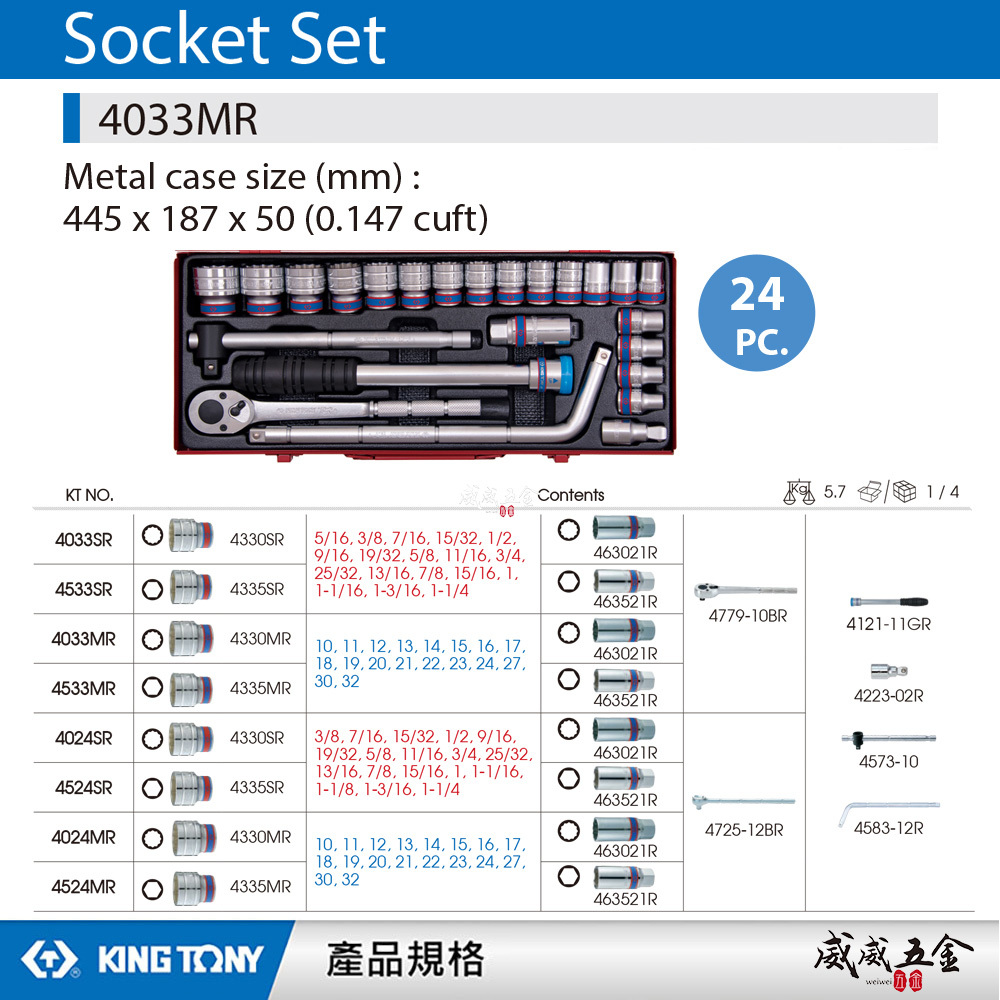 KING TONY 金統立｜10-32 四分 4分手動套筒組 1/2"十二角套筒扳手組24件式｜4033MR