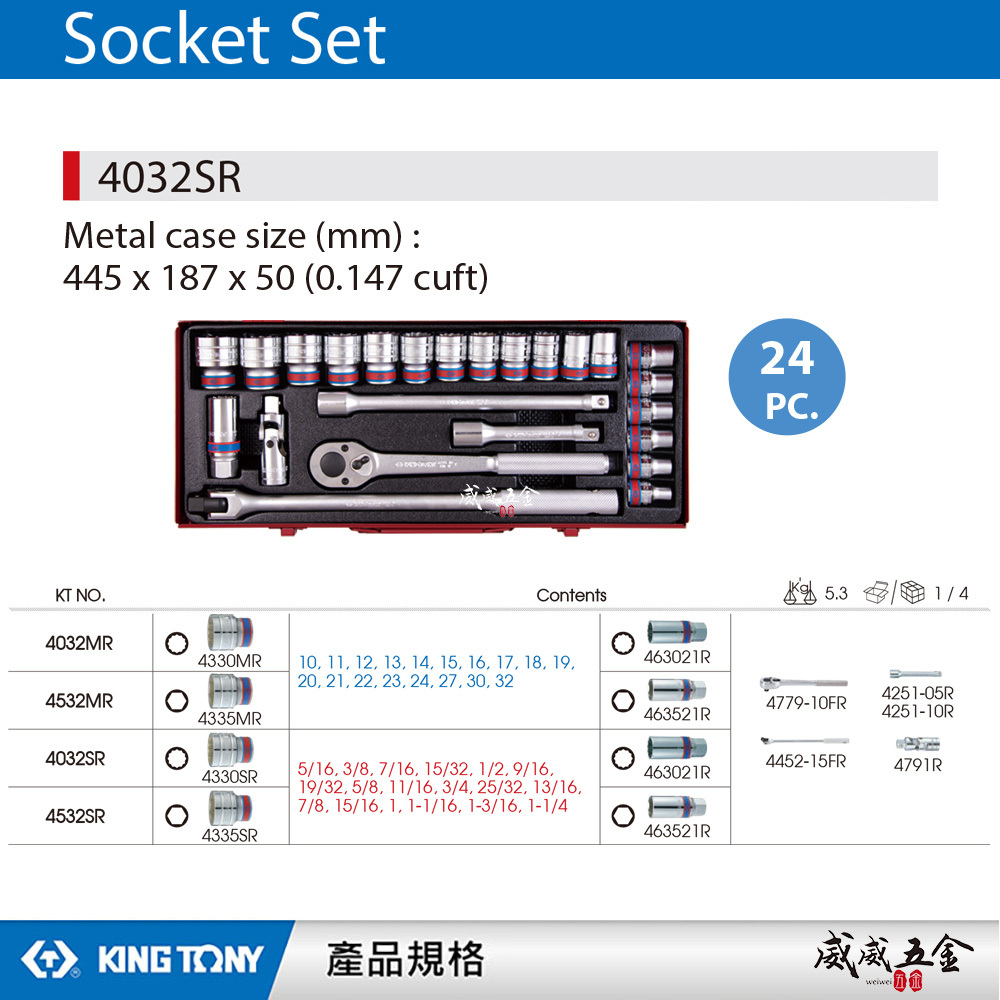 KING TONY 金統立｜英制 1/2" 手動 4分套筒組 四分 十二角套筒扳手組 24件式｜4032SR