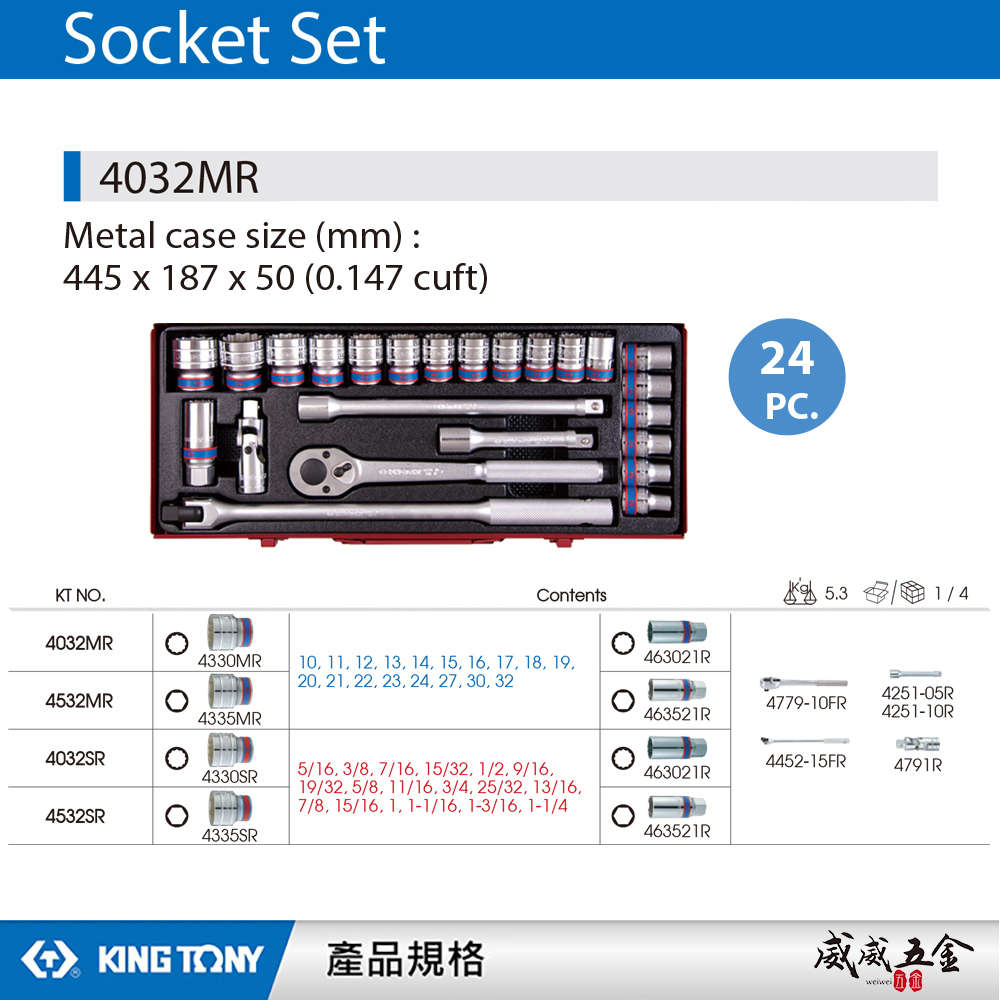 KING TONY 金統立｜10-32mm 四分套筒組 4分 1/2"十二角套筒扳手組24件式｜4032MR｜台灣製｜公司貨