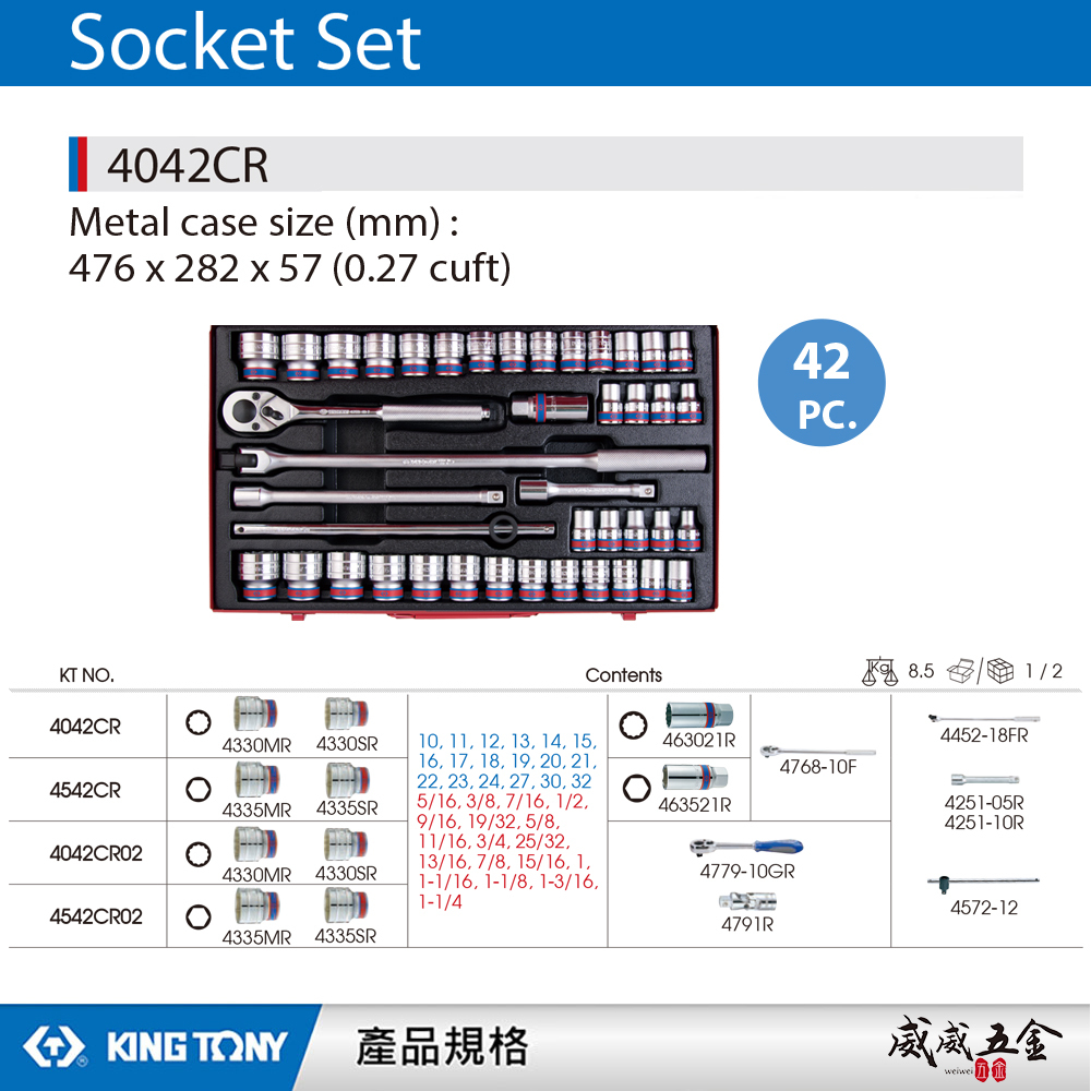 KING TONY 金統立｜公-英制 1/2" 手動4分套筒組 42件式 四分十二角套筒扳手組｜4042CR