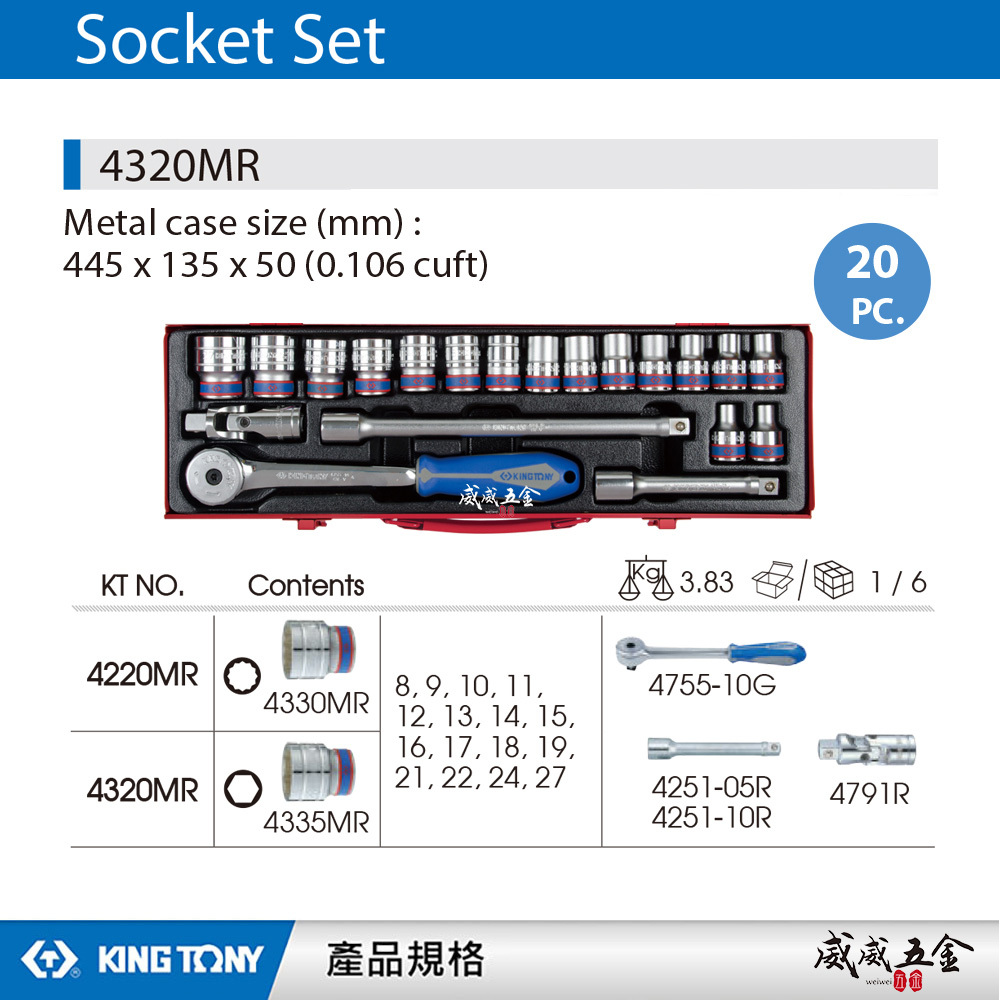 KING TONY 金統立｜8-27mm 四分手動六角套筒組 20件式 1/2" 4分 板手組｜4320MR