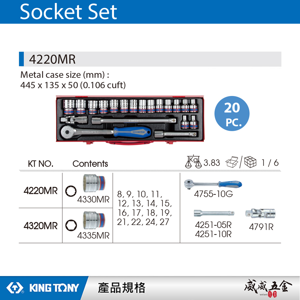 KING TONY 金統立｜8-27 四分手動套筒組 20件式 1/2" 4分十二角套筒扳手組｜4220MR