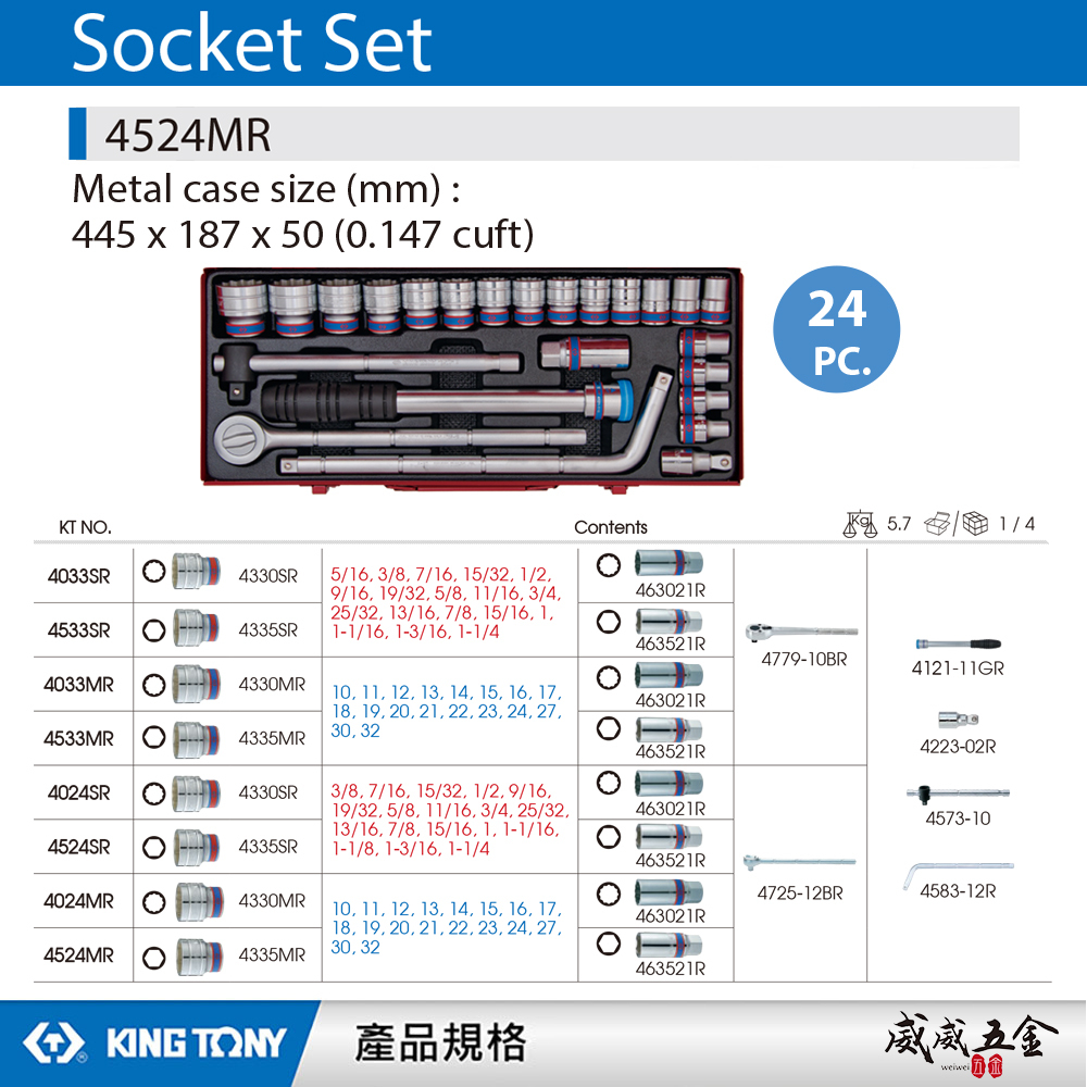 KING TONY 金統立｜10-32 四分6角套筒組 24件式 1/2" 4分六角套筒扳手組｜4524MR