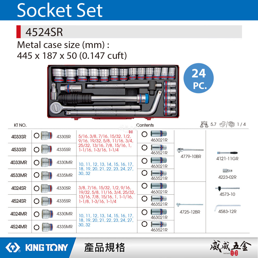 KING TONY 金統立｜英制 四分 手動6角套筒組 24件式 1/2" 4分六角套筒扳手組｜4524SR