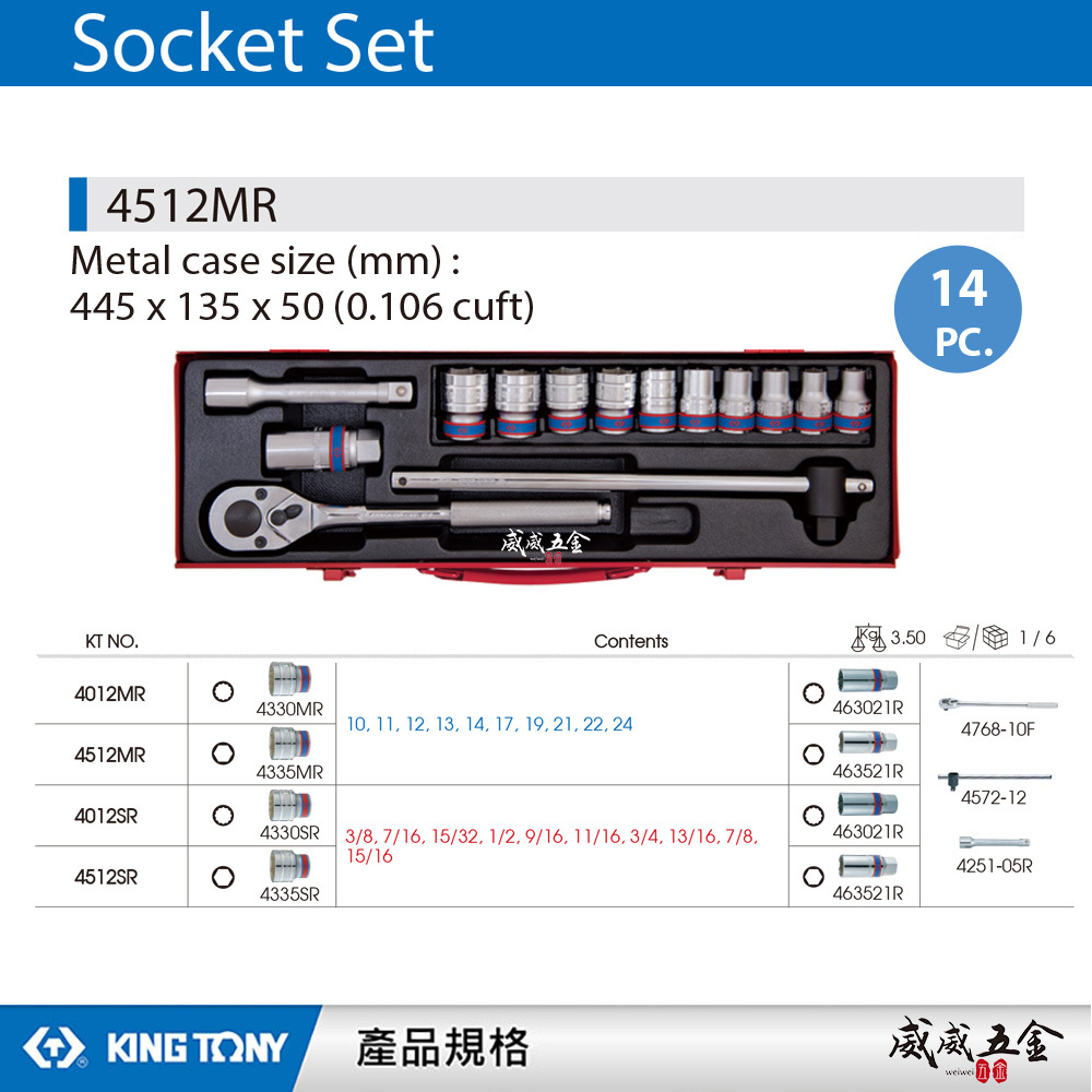 KING TONY 金統立｜10-24mm 四分 1/2" 六角套筒扳手組 4分套筒組14件式｜4512MR｜台灣製｜公司貨