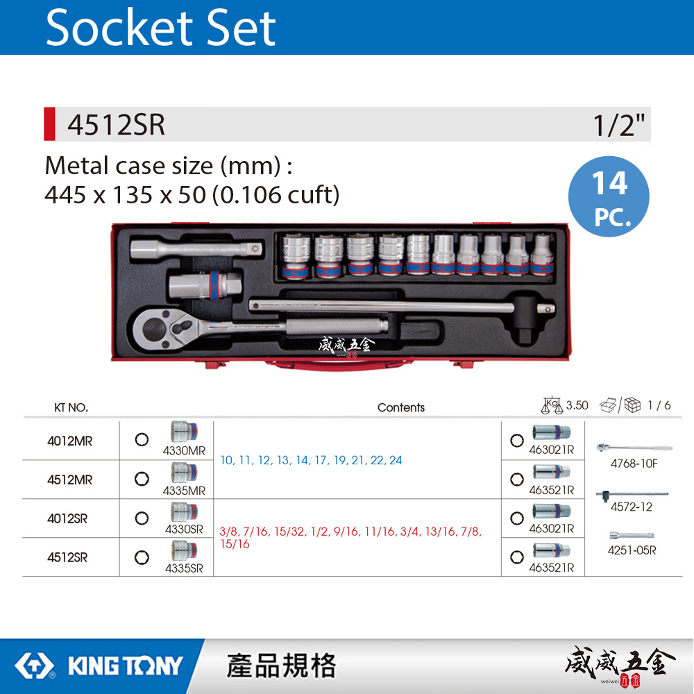 KING TONY 金統立｜英制 1/2" 手動4分6角套筒組 四分 六角套筒扳手組 14件式｜4512SR