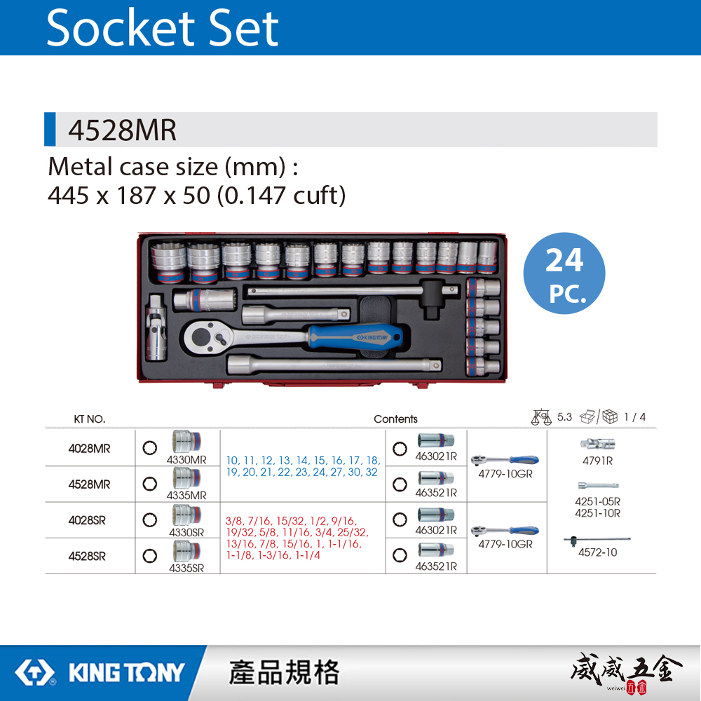 KING TONY 金統立｜10-32mm 四分套筒組 24件式 1/2" 4分六角套筒扳手組｜4528MR｜台灣製｜公司貨