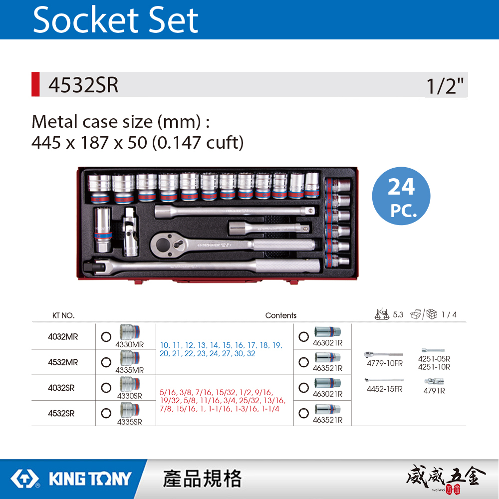 KING TONY 金統立｜英制 四分 手動6角套筒組 24件式 1/2" 4分 棘輪套筒板手｜4532SR