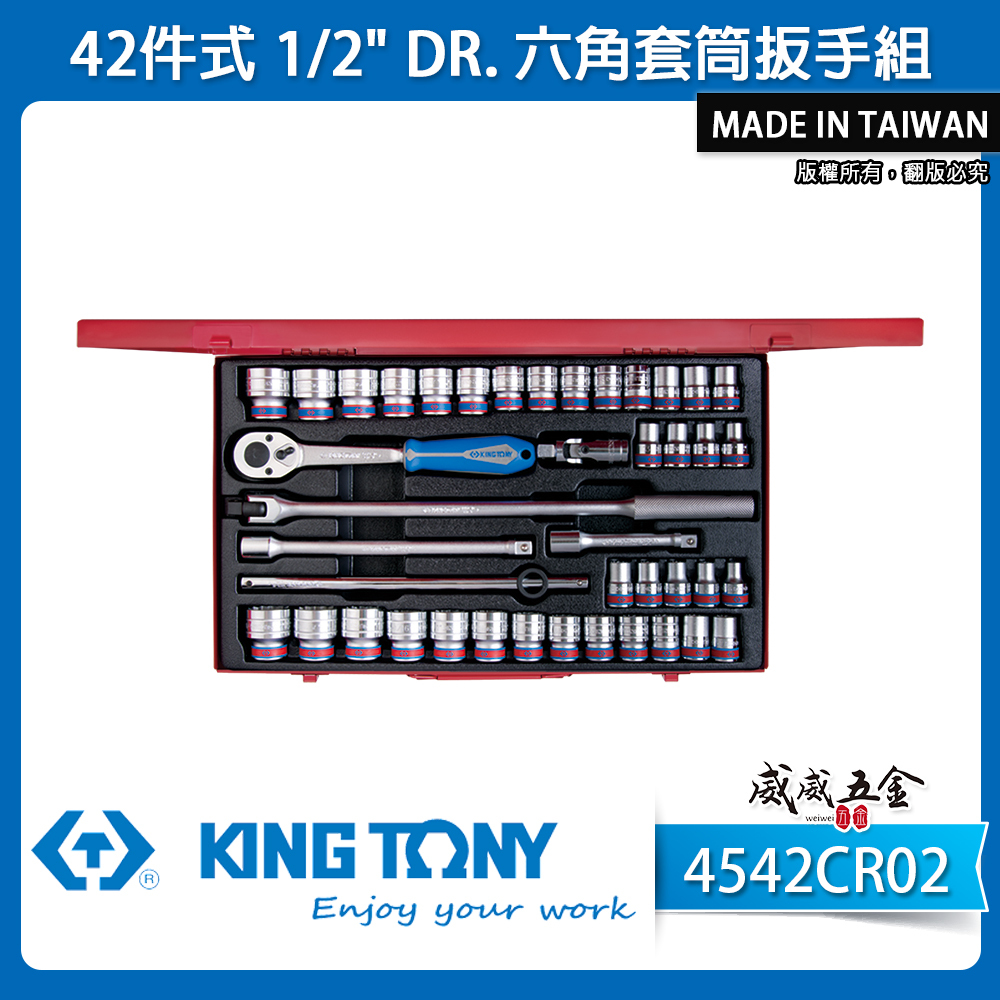 KING TONY 金統立｜英/公制 1/2" 四分手動套筒組 4分六角套筒扳手組42件式｜4542CR02