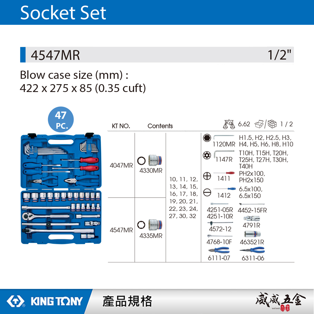 KING TONY 金統立｜10-32 四分 4分手動套筒組 1/2" 六角套筒扳手 47件式｜4547MR