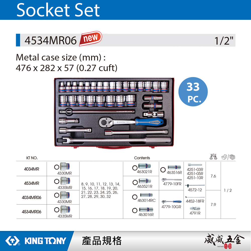 KING TONY 金統立｜8-32mm 四分套筒組 1/2" 4分六角套筒扳手組33件式｜4534MR06