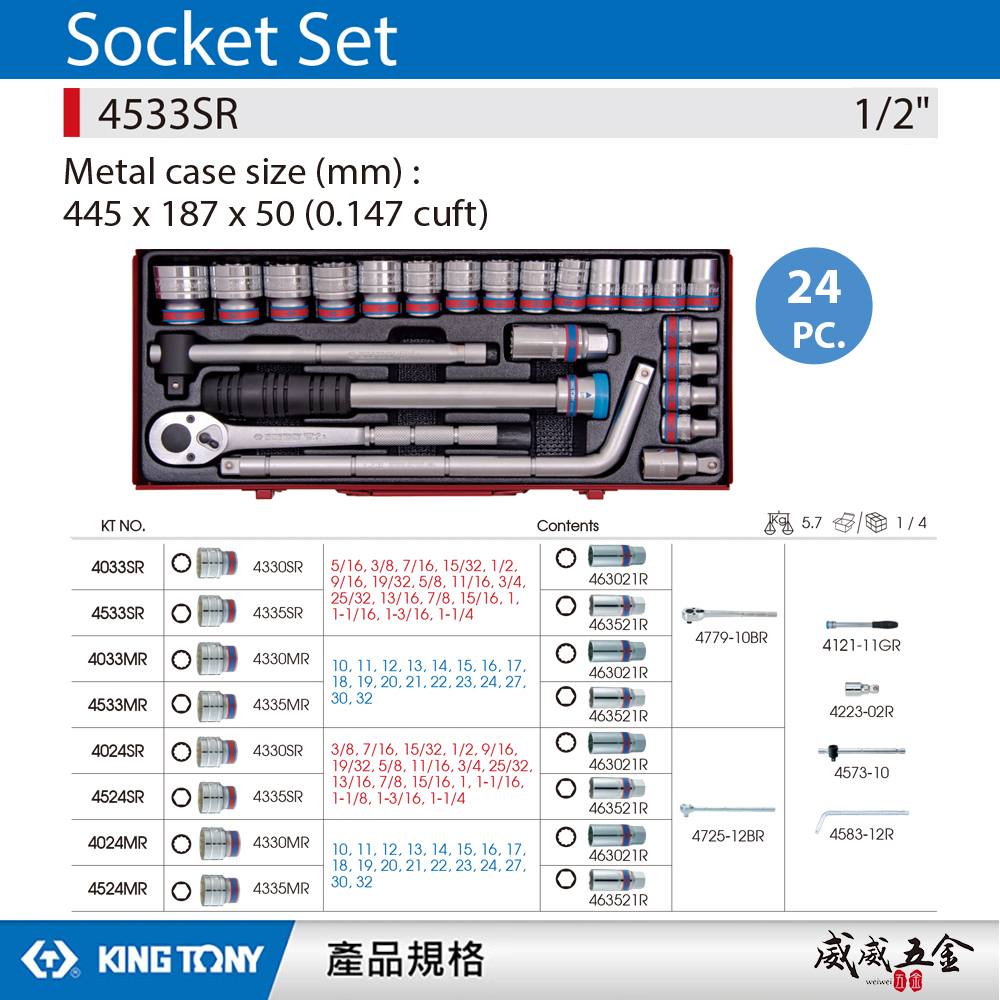 KING TONY 金統立｜英制 四分手動6角套筒組 24件式 1/2"六角套筒扳手組｜4533SR｜台灣製