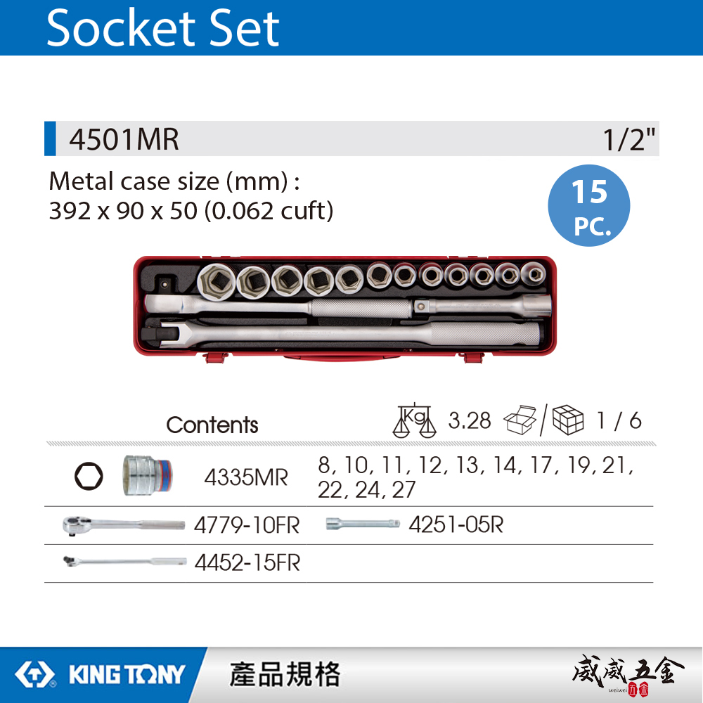 KING TONY 金統立｜8-27mm 四分 4分 1/2" 六角套筒組 15件式 棘輪板手｜4501MR｜台灣製｜公司貨