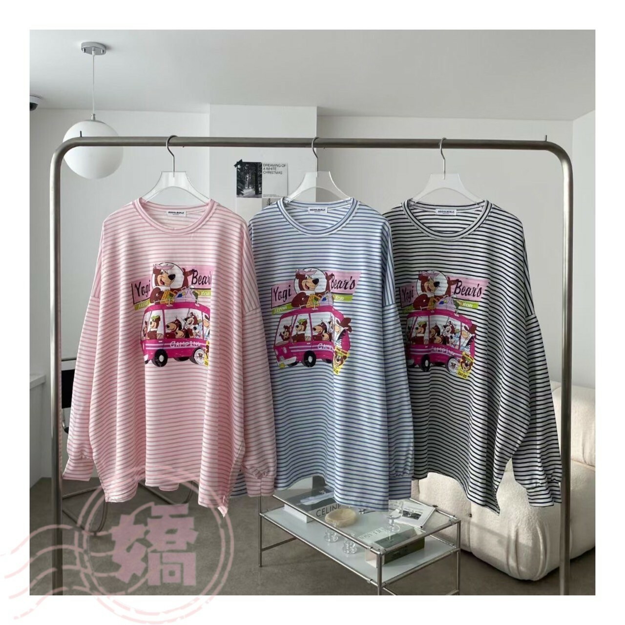 K10003熊熊校車條紋長袖(粉'藍'黑)