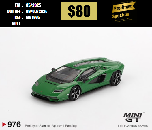 PO-$80 * MINI GT * 1:64 #976 Lamborghini Countach LPI 800-4 Verde Medio LHD [OD24/02]