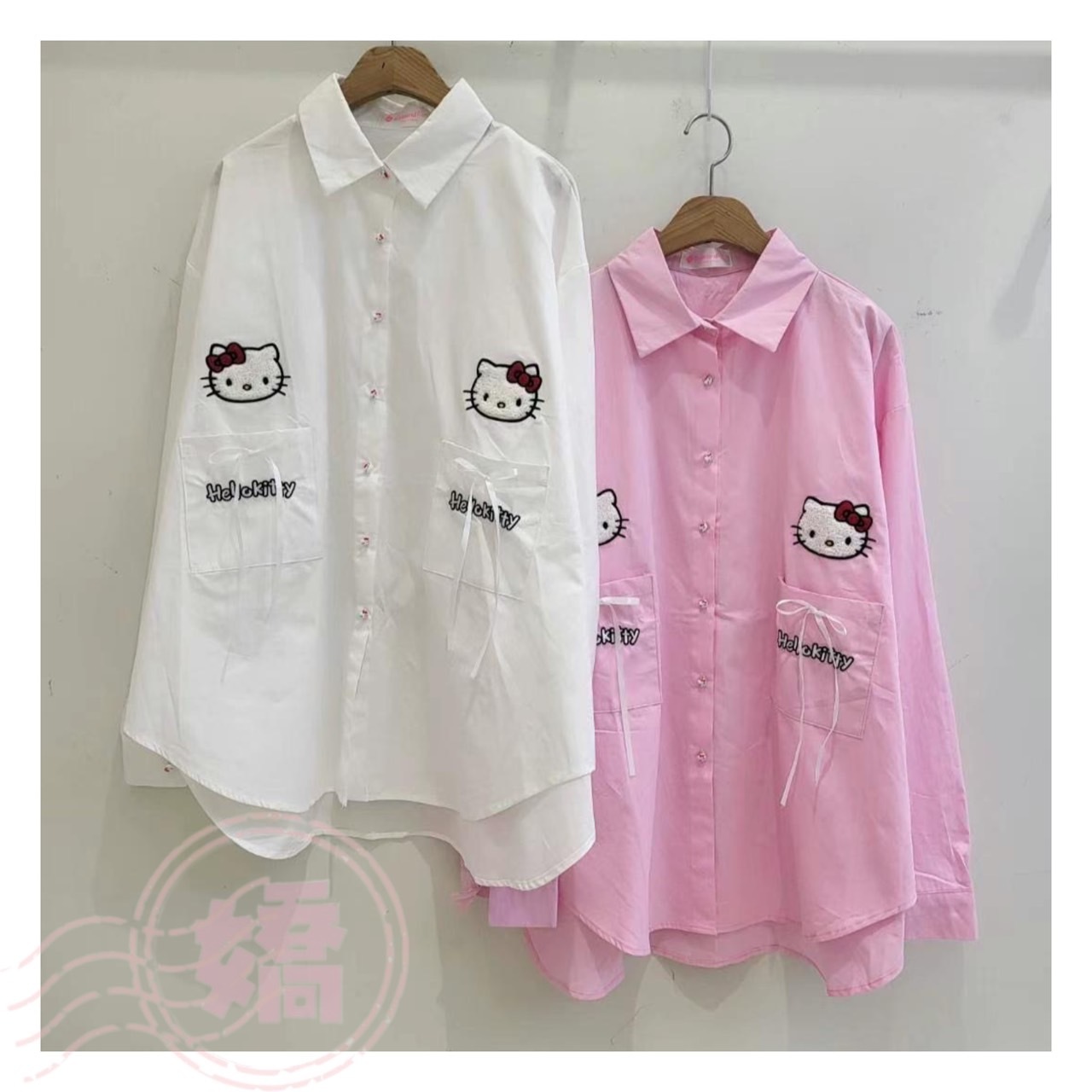 K14002口袋蝴蝶結無嘴貓襯衫(白'粉)