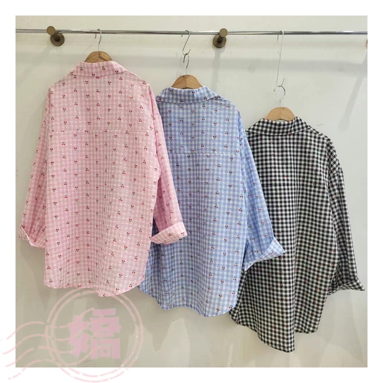 K14003滿版櫻桃格紋泡泡襯衫(粉'藍'黑)