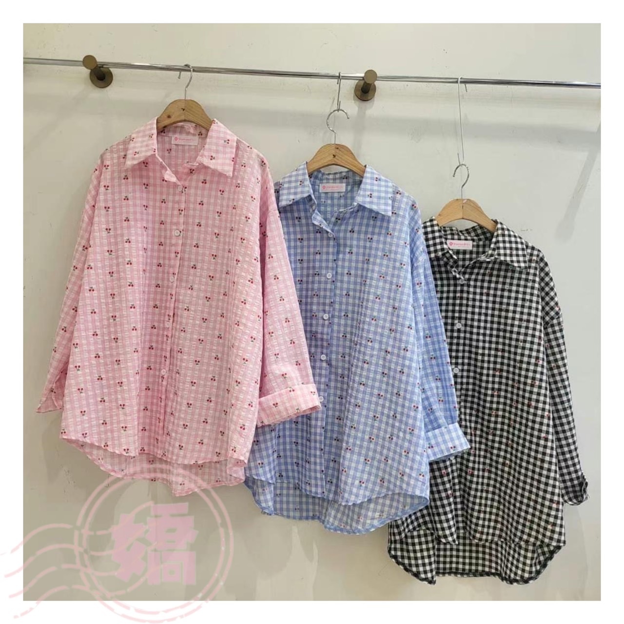 K14003滿版櫻桃格紋泡泡襯衫(粉'藍'黑)