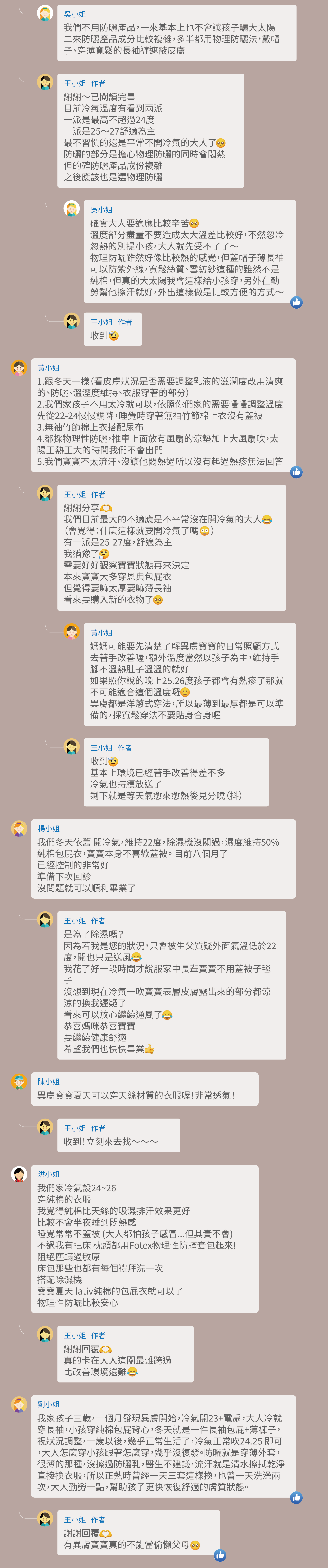 我們不用防曬產品，一來基本上也不會讓孩子曬大太陽，二來防曬產品成分比較複雜，多半都用物理防曬法，戴帽子、穿薄寬鬆的長袖褲遮蔽皮膚，謝謝～已閱讀完畢，目前冷氣溫度有看到兩派，一派是最高不超過24度，一派是25～27舒適為主，最不習慣的還是平常不開冷氣的大人了，防曬的部分是擔心物理防曬的同時會悶熱，但的確防曬產品成份複雜，之後應該也是選物理防曬，確實大人要適應比較辛苦，溫度部分盡量不要造成太大溫差比較好，不然忽冷忽熱的別提小孩，大人就先受不了了～物理防曬雖然好像比較熱的感覺，但蓋帽子薄長袖可以防紫外線，寬鬆絲質、雪紡紗這種的雖然不是純棉，但真的大太陽我會這樣給小孩穿，另外在勤勞幫他擦汗就好，外出這樣做是比較方便的方式～收到， 1.跟冬天一樣（看皮膚狀況是否需要調整乳液的滋潤度改用清爽的、防曬、溫溼度維持、衣服穿著的部分）。 2.我們家孩子不用太冷就可以，依照你們家的需要慢慢調整溫度先從22-24慢慢調降，睡覺時穿著無袖竹節棉上衣沒有蓋被。 3.無袖竹節棉上衣搭配尿布。 4.都採物理性防曬，推車上面放有風扇的涼墊加上大風扇吹，太陽正熱正大的時間我們不會出門， 5.我們寶寶不太流汗、沒讓他悶熱過所以沒有起過熱疹無法回答。 謝謝分享，我們目前最大的不適應是不平常沒在開冷氣的大人，（會覺得：什麼這樣就要開冷氣了嗎 ），有一派是25-27度，舒適為主，我猶豫了，需要好好觀察寶寶狀態再來決定，本來寶寶大多穿恩典包屁衣，但覺得要嘛太厚要嘛薄長袖，看來要購入新的衣物了，媽媽可能要先清楚了解異膚寶寶的日常照顧方式去著手改善喔，額外溫度當然以孩子為主，維持手腳不溫熱肚子溫溫的就好，如果照你說的晚上25.26度孩子都會有熱疹了那就不可能適合這個溫度囉，異膚都是洋蔥式穿法，所以最薄到最厚都是可以準備的，採寬鬆穿法不要貼身合身喔，收到，基本上環境已經著手改善得差不多，冷氣也持續放送了，剩下就是等天氣愈來愈熱後見分曉（抖），我們冬天依舊 開冷氣，維持22度，除濕機沒關過，濕度維持50%，純棉包屁衣，寶寶本身不喜歡蓋被。 目前八個月了，已經控制的非常好，準備下次回診，沒問題就可以順利畢業了，是為了除濕嗎？因為若我是您的狀況，只會被生父質疑外面氣溫低於22度，開也只是送風 我花了好一段時間才說服家中長輩寶寶不用蓋被子毯子，沒想到現在冷氣一吹寶寶表層皮膚露出來的部分都涼涼的換我遲疑了，看來可以放心繼續通風了，恭喜媽咪恭喜寶寶，要繼續健康舒適，希望我們也快快畢業，異膚寶寶夏天可以穿天絲材質的衣服喔！非常透氣！收到！立刻來去找～～～我們家冷氣設24~26，穿純棉的衣服，我覺得純棉比天絲的吸濕排汗效果更好 比較不會半夜睡到悶熱感，睡覺常常不蓋被 (大人都怕孩子感冒...但其實不會)，不過我有把床 枕頭都用Fotex物理性防蟎套包起來!阻絕塵蟎過敏原，床包那些也都有每個禮拜洗一次 搭配除濕機，寶寶夏天 lativ純棉的包屁衣就可以了，物理性防曬比較安心，謝謝回覆，真的卡在大人這關最難跨過，比改善環境還難，我家孩子三歲，一個月發現異膚開始，冷氣開23+電扇，大人冷就穿長袖，小孩穿純棉包屁背心，冬天就是一件長袖包屁+薄褲子，視狀況調整，一歲以後，幾乎正常生活了，冷氣正常吹24.25 即可，大人怎麼穿小孩跟著怎麼穿，幾乎沒復發。防曬就是穿薄外套，很薄的那種，沒擦過防曬乳，醫生不建議，流汗就是清水擦拭乾淨 直接換衣服，所以正熱時曾經一天三套這樣換，也曾一天洗澡兩次，大人勤勞一點，幫助孩子更快恢復舒適的膚質狀態。謝謝回覆，有異膚寶寶真的不能當偷懶父母