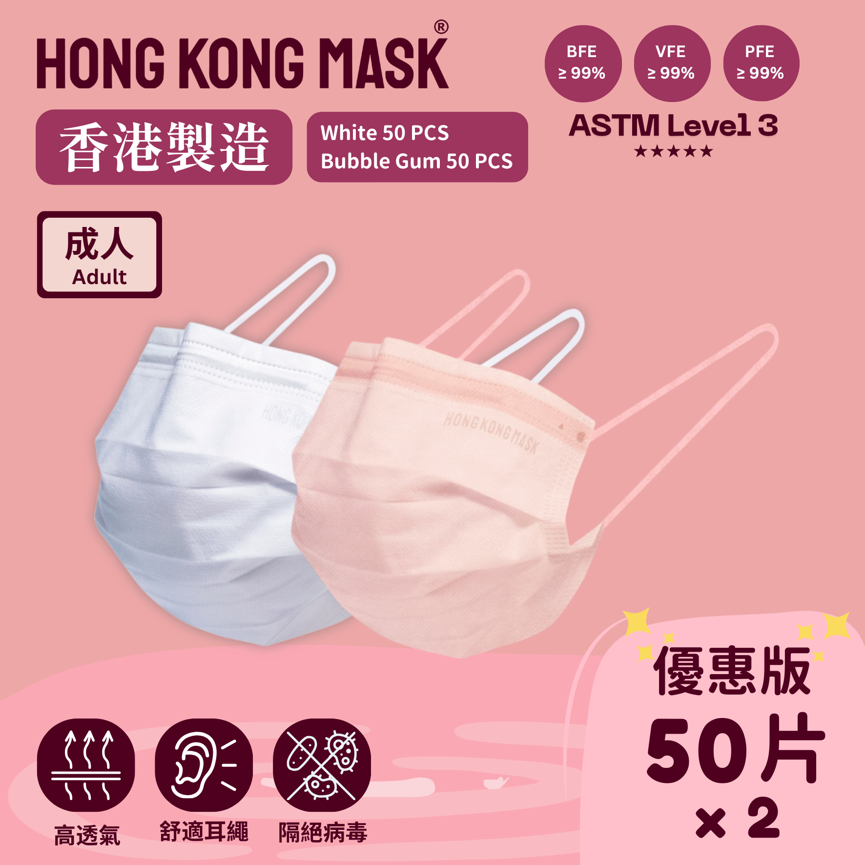 成人口罩(2盒共100片裝) - 白色組合系列- 粉紅色 + 白色【香港製造】