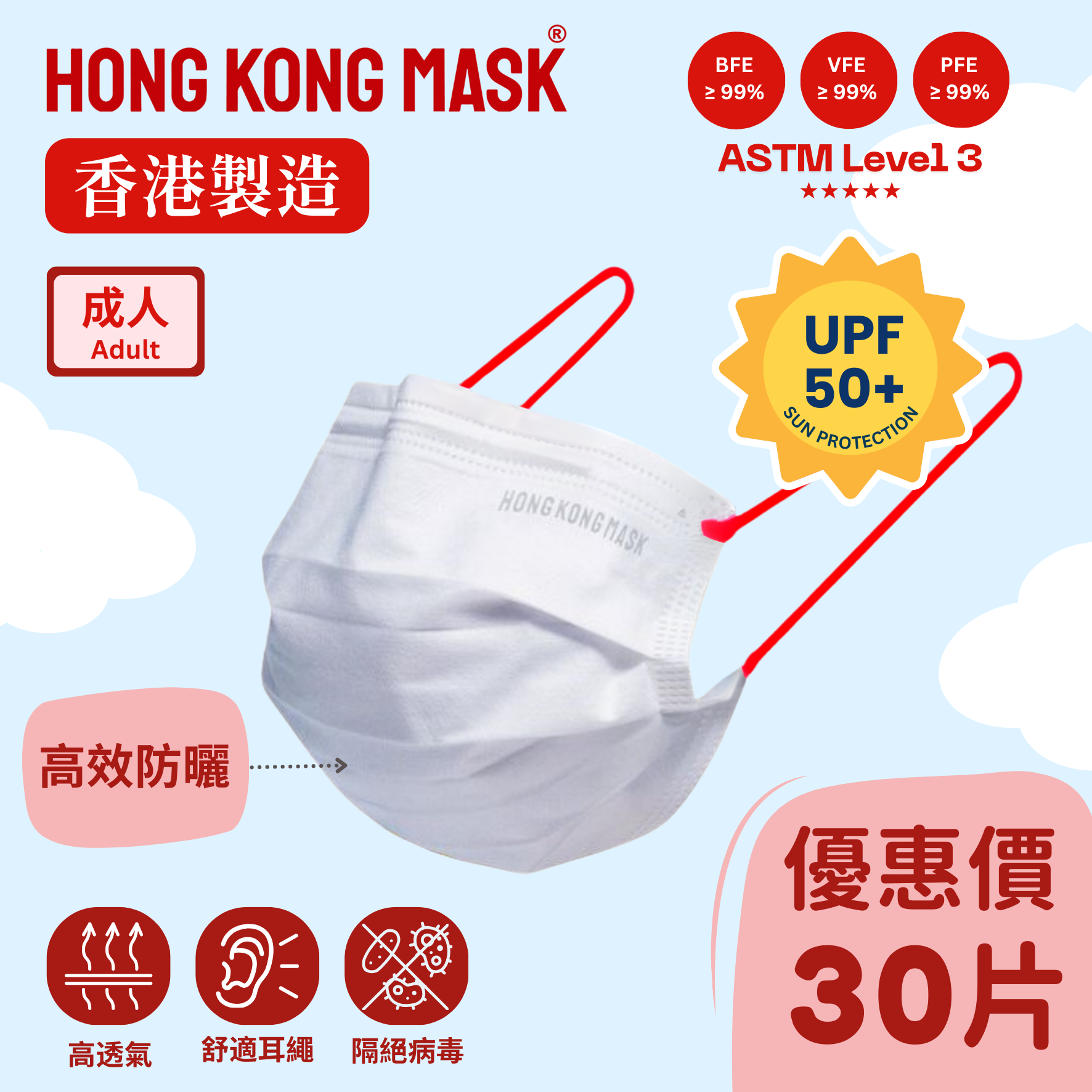 抗UV/防曬系列 - 成人口罩(30片裝) - 紅色耳繩【香港製造】