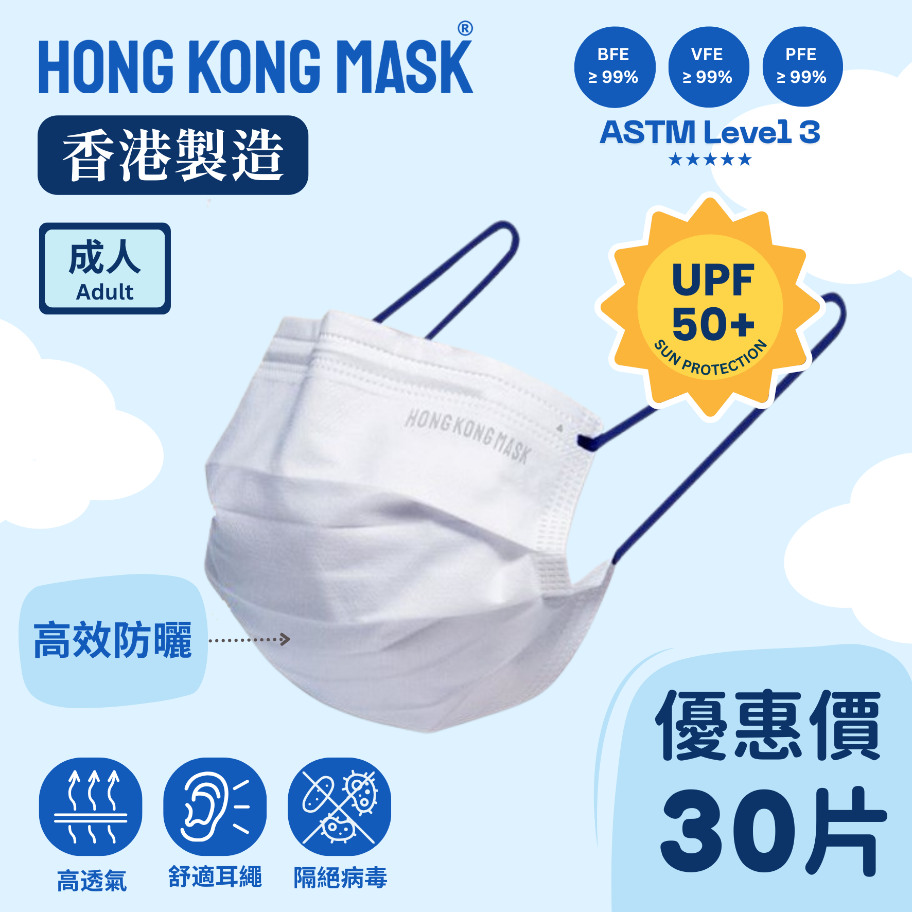 抗UV/防曬系列- 成人口罩 (30片裝) -  藍色耳繩【香港製造】