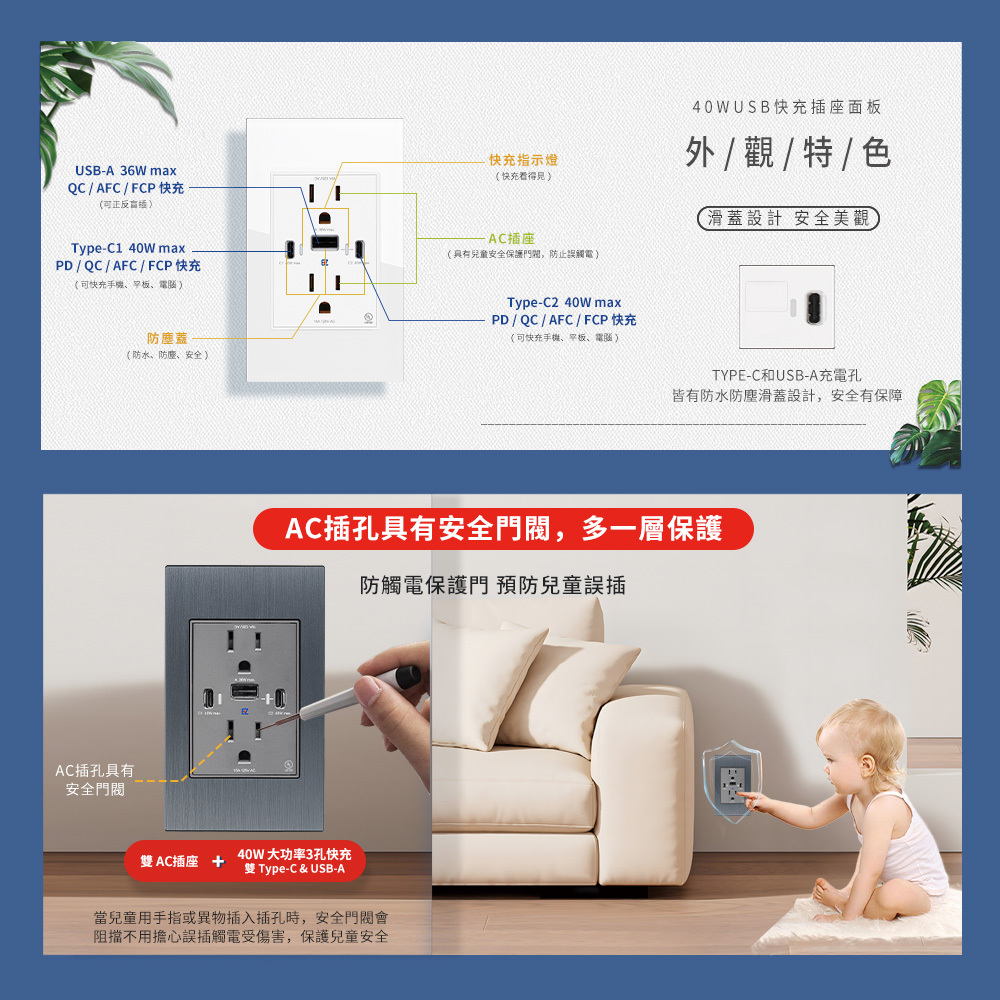 易智快充,高端系列-一體式40W USB快充插座-鋼化玻璃面板,AC插座具有安全閥門,保護兒童誤觸,保護兒童安全