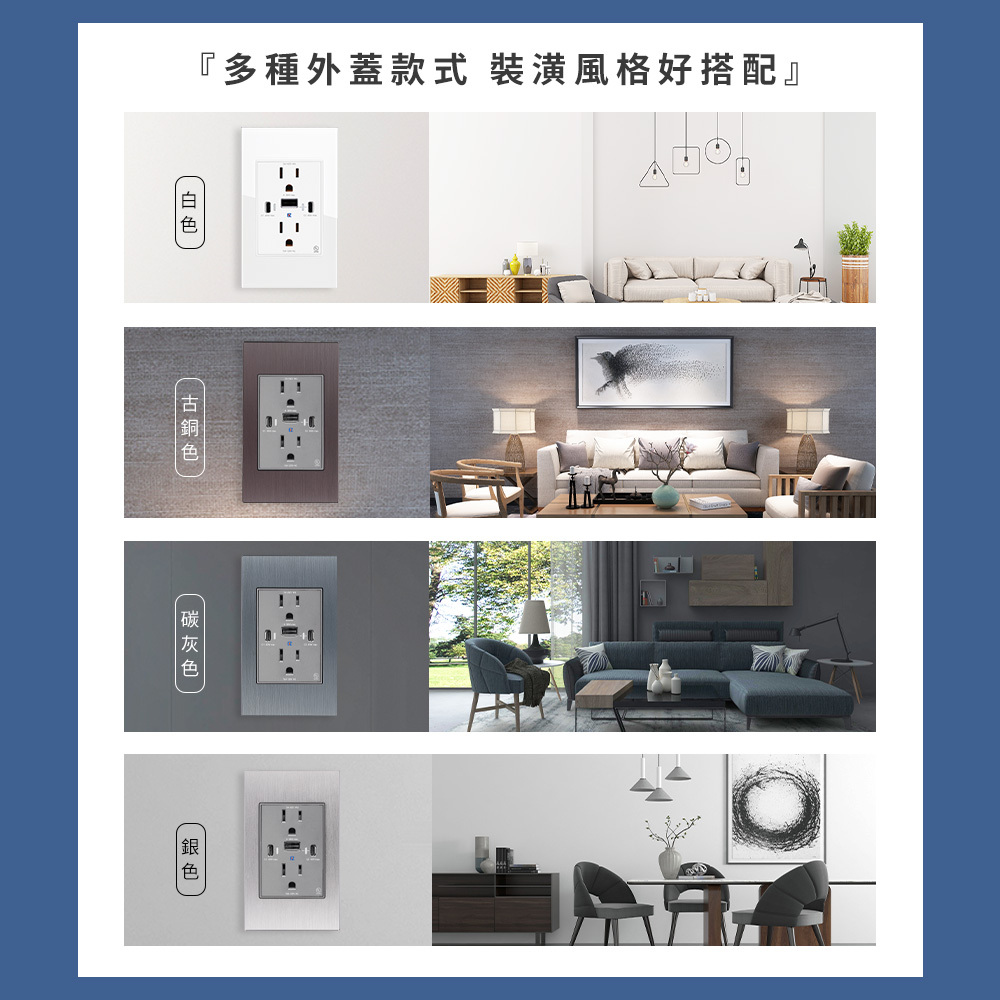 易智快充,高端系列-一體式40W USB快充插座-鋼化玻璃面板,多種面板款式,簡約典雅設計,各種裝潢風格好搭配,平替國際牌 Panasonic Risna