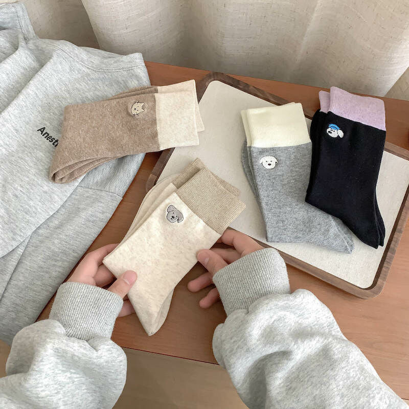 《02241》刺繡狗狗貓貓拼色襪子