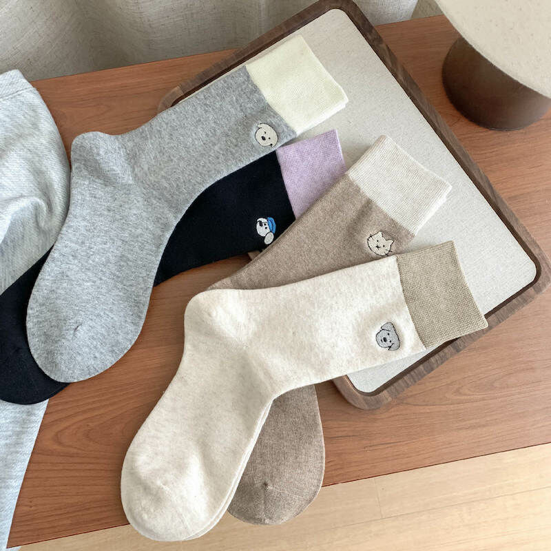 《02241》刺繡狗狗貓貓拼色襪子